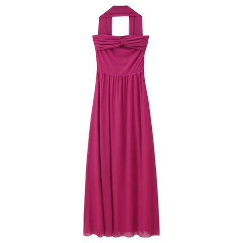 Abito Lungo Halter In Mesh Nodo Intrecciato Pieghettato Elegante Tinta Unita Fluido Schiena Scoperta Per Donna