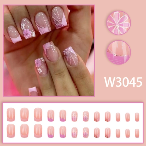 Press On Nägel Französisch Rosa Farbverlauf Kirschblüte Blume Glitzer Elegant Quadratisch Künstliche Falsche Nägel Für Frauen