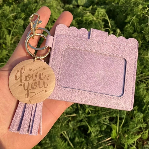 Card Holder Keychain PU Leather ID Case With Tassel Engraved Heart Wood Charm Scalloped Edge For Women