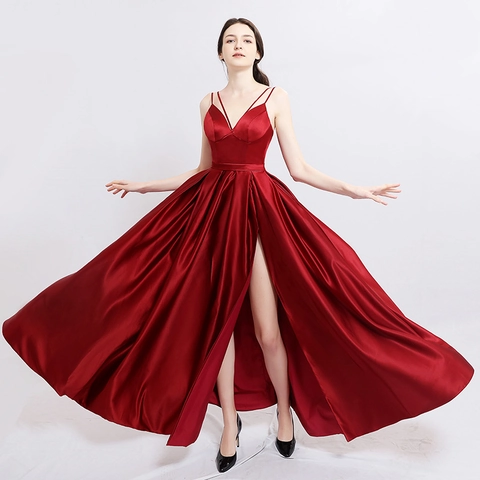 Satin Evening Dress Thin Straps V Neck High Slit Backless Lace Up Elegant Formal Prom Gown For Women