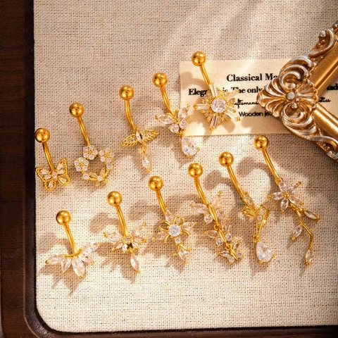 Anello Per Ombelico In Acciaio Inossidabile Rame Zircone Gioielli Piercing Donna Farfalla Croce Fiore Stella Pendente Barbell