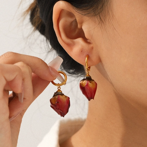 Edelstahl Creolen Mit Getrockneter Rosenknospe Und Fruchtanhängern Vintage Vergoldeter Schmuck Für Damen
