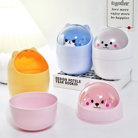 Mini Desktop Trash Can Plastic Cute Cartoon Animal Flip Lid Transparent Dome Storage Box Office Bedroom