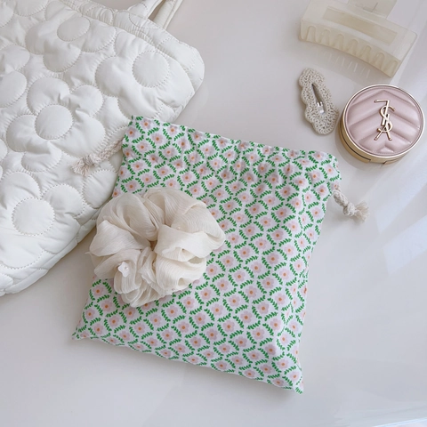 Floral Drawstring Pouch Cotton Canvas Mini Storage Bag For Cosmetics Cellphone Small Travel Organizer Fresh Sweet