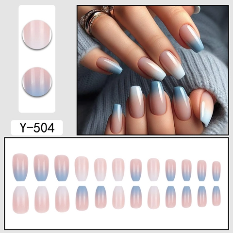 Uñas Postizas De Presión Degradado Rosa Azul Blanco Brillante Forma De Ataúd Larga Para Mujeres Manicura