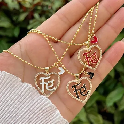 18K Gold Plated Copper Heart Pendant Necklace With Cubic Zirconia Fé Letter Enamel Double Heart Jewelry For Women Girls