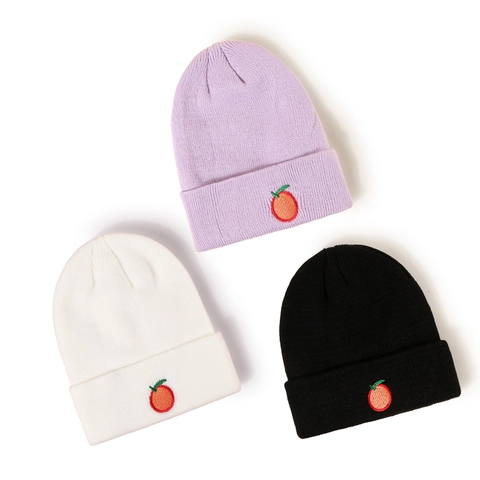 Kids Knitted Beanie Hat Warm Acrylic Fruit Embroidery Orange Pattern Cuffed Ribbed Cap For Children Boys Girls