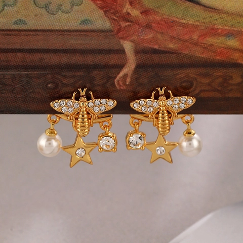 Retro Copper Bee Star Dangle Earrings With 925 Sterling Silver Earring Post Artificial Pearl Rhinestone Drop Earrings For Women
