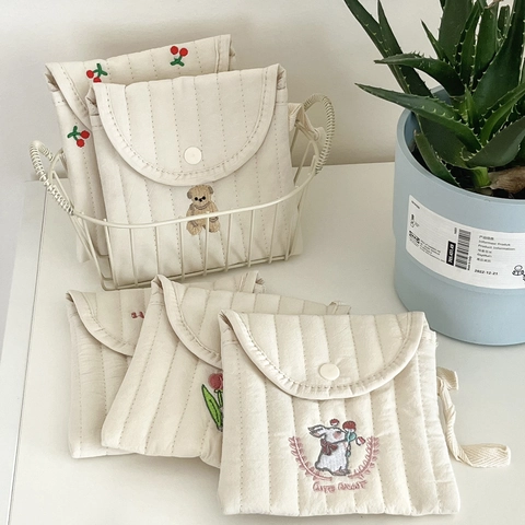 Quilted Cotton Sanitary Napkin Storage Bag Cute Cartoon Embroidery Portable Small Cosmetic Pouch