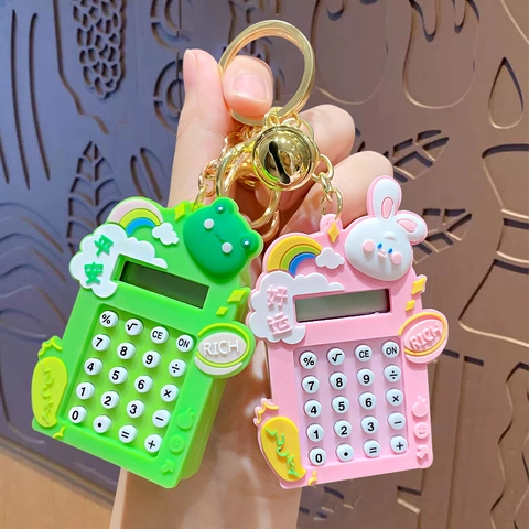 Cartoon Rabbit Bear Mini Portable Calculator Keychain Cute Animal Pocket Calculator Key Ring With Bell For School Students Office Daily Decor