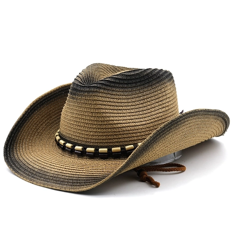 Western Cowboy Straw Hat Wide Brim Gradient Color Beaded Band Adjustable Wind Rope Breathable Sun Protection