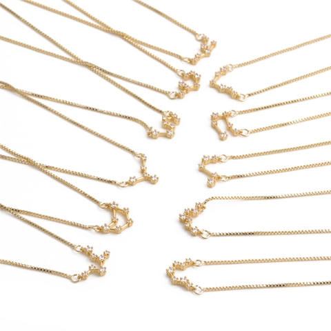 Necklace Copper Cubic Zirconia 12 Constellation Zodiac Pendant Gold Color Box Chain Fashion Women Gift