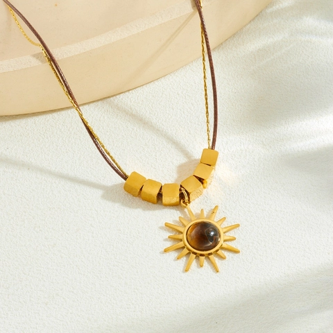 Collar Colgante Sol Acero Inoxidable Chapado En Oro Vintage Maillard Piedra Ojo De Tigre Cuenta Cuerda De Cera Para Mujeres