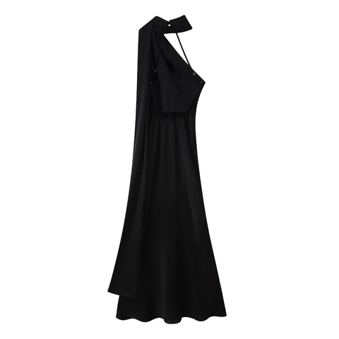 Polyester Satin Maxi Dress Single Shoulder Halter Backless Floor Length Evening Gown With Streamer Elegant Formal Party Women