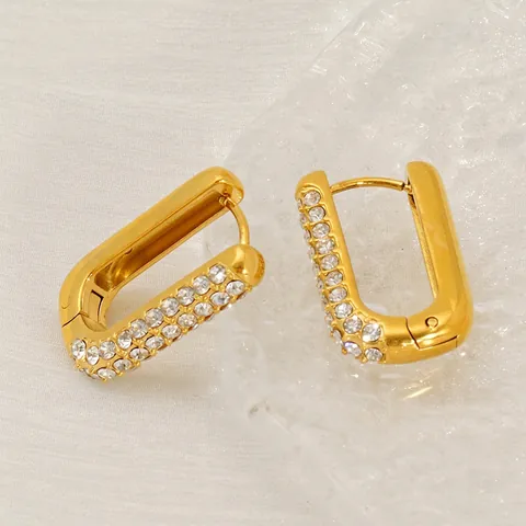 Stainless Steel Hoop Earrings 18K Gold Plated Rectangle Geometric Rhinestone Inlaid Fashion Jewelry For Women