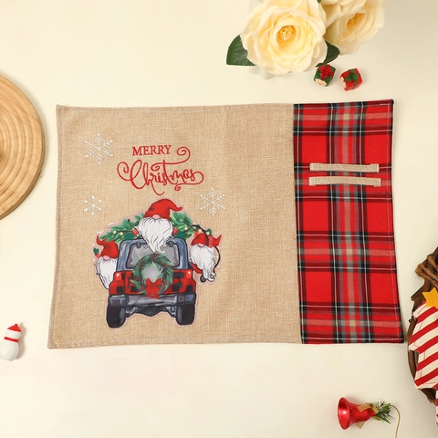 Tovaglietta Di Natale Tela Di Sacco Lino Camion Rosso Gnomo Stampa Quadri Rosso Nero Resistente Al Calore Decorazione Tavola Da Pranzo