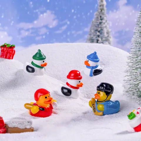 Mini Christmas Duck Figurines Resin Winter Sports Ice Hockey Baseball Micro Landscape Desktop Ornaments DIY Craft Cute Cartoon