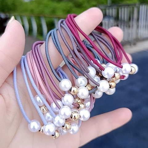 Elegant Korean Style High Elastic Hair Ties With Faux Artificial Pearls And Golden Beads Triple Strand Scrunchies For Women Girls