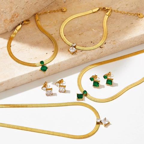 Stainless Steel Jewelry Zirconia Square Pendant Snake Chain Necklace Bracelet And Stud Earrings For Women