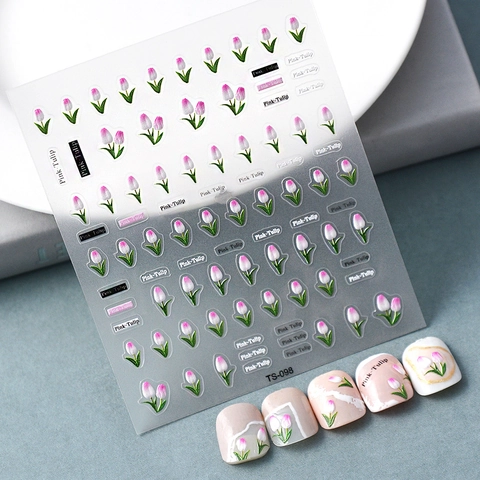 Stickers Ongles Relief 5D Tulipe Rose Fleur Texture Imperméable Autocollant Manucure Décalcomanies Décoration DIY