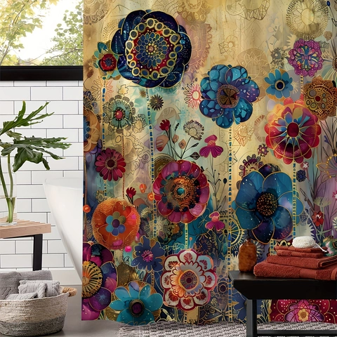 Vintage Floral Shower Curtain Waterproof Polyester Bohemian Mandala Pattern Bathroom Decor With Hooks Washable Fabric