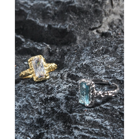 925 Sterling Silver Adjustable Ring Sea Blue Rectangle Zircon Pleated Lava Texture French Vintage For Women