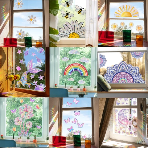 Prism Rainbow Window Cling Sticker Sun Catcher Holographic PVC Daisy Butterfly Mermaid Mandala Dandelion Decal