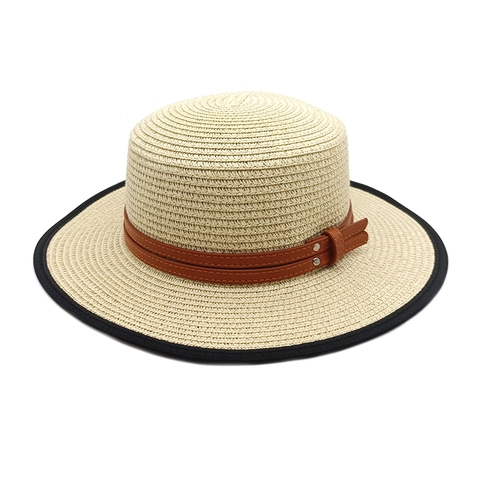 Cappello Di Paglia Boater Da Donna Tesa Larga Corona Piatta Protezione Solare Spiaggia Con Fascia In Similpelle E Borchie