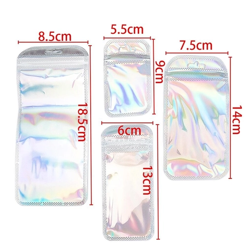 Holographic Laser Resealable Packaging Bags Plastic Aluminum Film Zip Lock Self Sealing Jewelry Storage Pouch With Hanging Hole