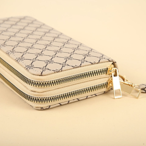 Portafoglio Lungo Donna Pelle PU Doppia Cerniera Grande Capacità Pochette Stampato Geometrico Vintage Con Cinturino Da Polso