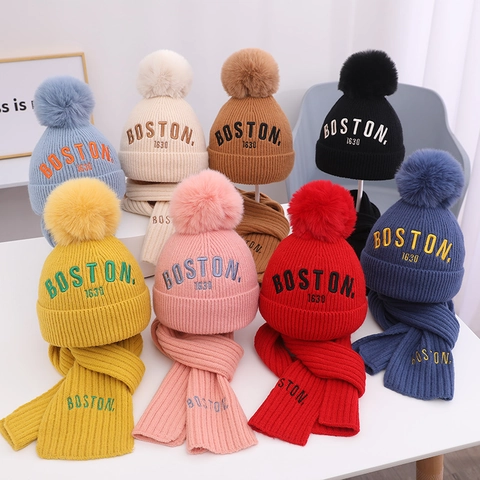 Kinder Winter Strickmütze Und Schal Bommelmütze Mit Buchstabenstickerei Warme Ohrenschutz Kopfbedeckung Für Jungen Mädchen