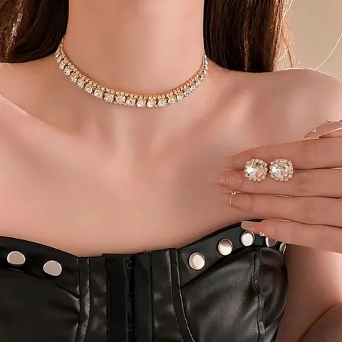 Collana Choker Con Strass A Doppia Fila E Orecchini A Lobo Quadrati Base In Rame Gioielli Di Lusso Per Donna Festa Elegante