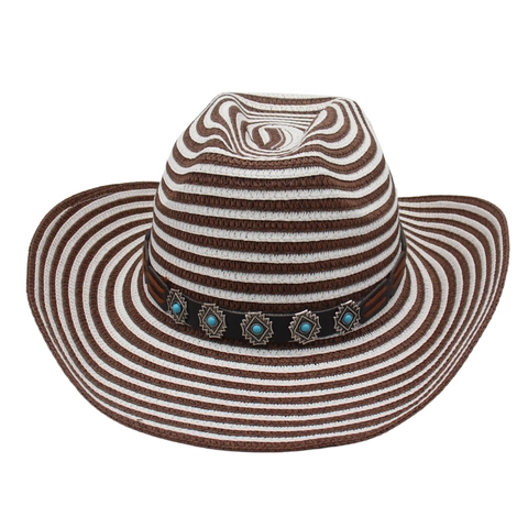 Δυτικό Καπέλο Cowboy Ψάθινο Ριγέ Μεγάλο Γείσο Αντηλιακή Προστασία Παραλία Τζαζ Με Δερμάτινη Ζώνη Τυρκουάζ Και Σχοινί