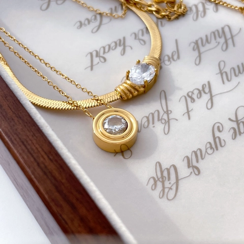 Women Titanium Steel Double Layer Necklace Gold Rhinestone Waterdrop Round Pendant Snake Bone Chain Geometric Fashion Jewelry