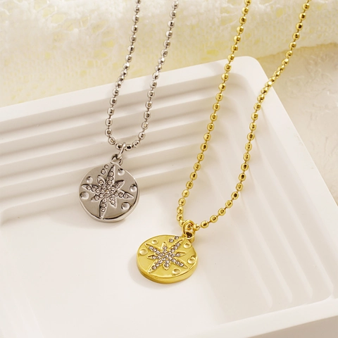 Stainless Steel Starburst Pendant Necklace With Rhinestones Gold Silver Round Disc Necklace For Women Fashion Jewelry
