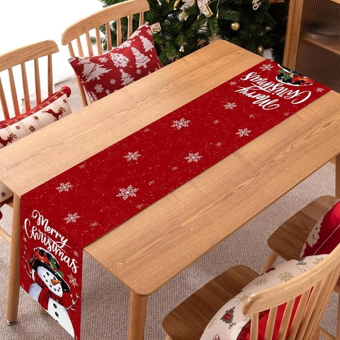 Camino De Mesa Navideño Poliéster Rojo Muñeco De Nieve Copo De Nieve Merry Christmas Decoración De Mesa