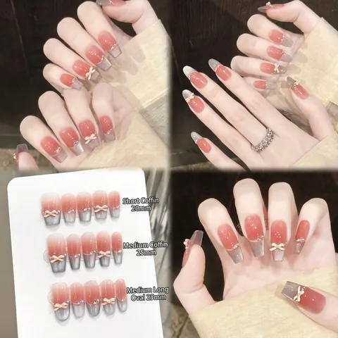 Uñas Postizas Press On Cat Eye Degradado Francés Lazo 3D Hechas A Mano Elegante Para Mujeres