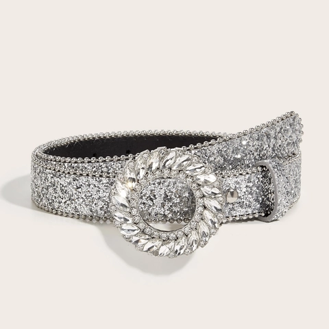 Cintura Da Donna Alla Moda In Pelle PU Fibbia Rotonda Con Strass Paillettes Luccicanti Per Jeans Party Argento