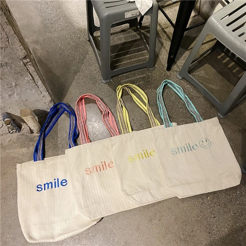 Smile Embroidery Canvas Corduroy Tote Bag Women Large Capacity Shoulder Bag With Ethnic Woven Beaded Strap Casual Handbag