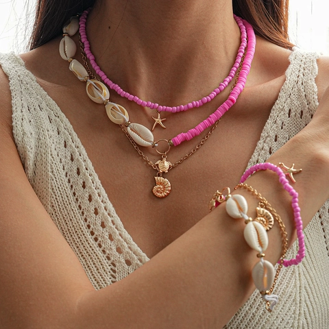 Collar Pulsera Multicapa Bohemio Cuentas Rosas Concha Natural Aleación Colgantes Estrella Mar Tortuga Estilo Playa Mujeres