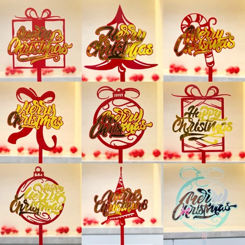 Merry Christmas Cake Toppers Acrylic Mirror Gold Red Iridescent Holiday Party Dessert Decoration Insert Topper
