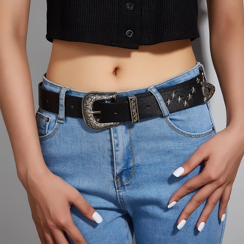 Cinturón De Cuero Sintético Retro Western Con Remaches De Estrellas Y Hebilla De Aleación Tallada Estilo Punk Para Mujeres