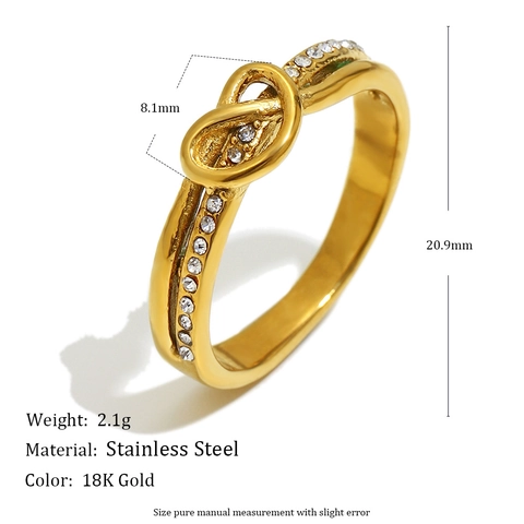 Stainless Steel Heart Knot Ring 18K Gold Plated Rhinestone Cubic Zirconia Niche Fashion Jewelry For Women
