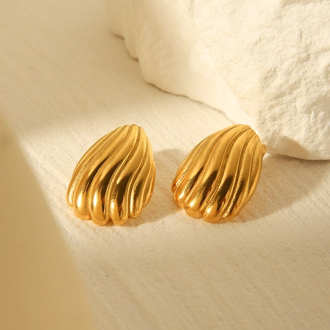 Pendientes De Botón De Concha Rayada Acero Inoxidable Chapado En Oro 18K Joyería Minimalista Geométrica Retro Francesa Mujer