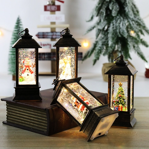 Retro Christmas Lantern Snow Globe LED Night Light Water Filled Rotating Glitter Santa Snowman Tree Desktop Ornament Holiday Gift