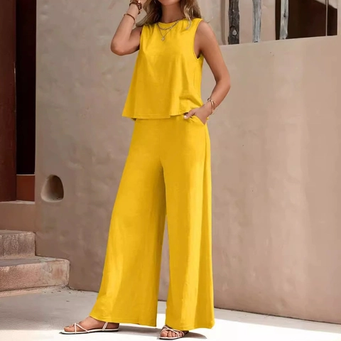 Women Sleeveless Round Neck Top And High Waist Wide Leg Long Pants Casual Summer Streetwear Polyester Spandex Solid Color