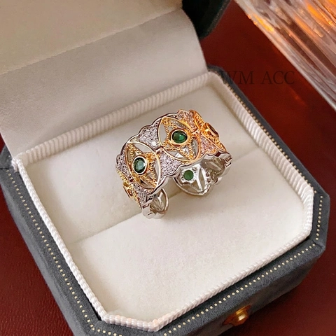 Vintage Hollow Open Ring Copper With Green Zircon Two-Tone Gold Silver Palace Style Adjustable Jewelry For Women