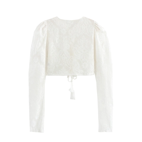 Dames Witte Kant Blouse Lange Pofmouwen Voorzijde Striken Kwastjes Opengewerkt Kort Zoete Top