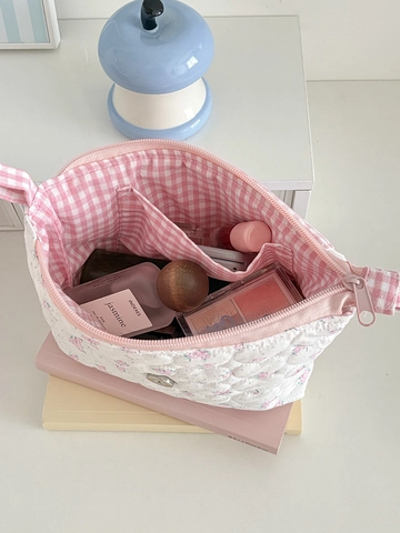Pink Rose Floral Quilted Cotton Crossbody Bag Sweet Kawaii Heart Pattern Lace Trim Bow Decor Shoulder Strap Square Purse