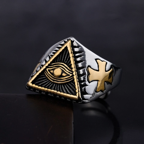 Providence Eye Cross Ring Stainless Steel Two Tone Retro Gothic Punk Religious Jewelry For Men